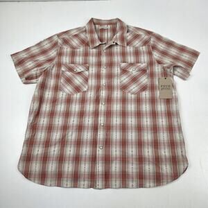 Frye and Co Shirt Mens 2XL Red Tan‎ Plaid Western Pearl Snap Short Sleeve Cowboy